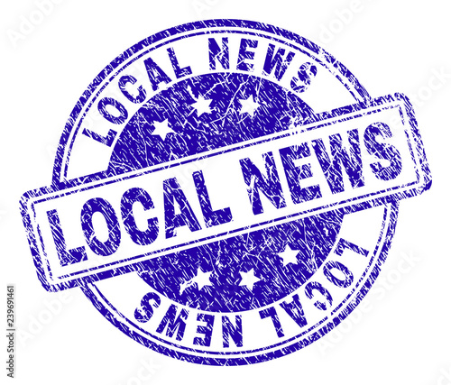 LOCAL NEWS stamp seal imprint with grunge texture. Designed with rounded rectangles and circles. Blue vector rubber print of LOCAL NEWS text with corroded texture.