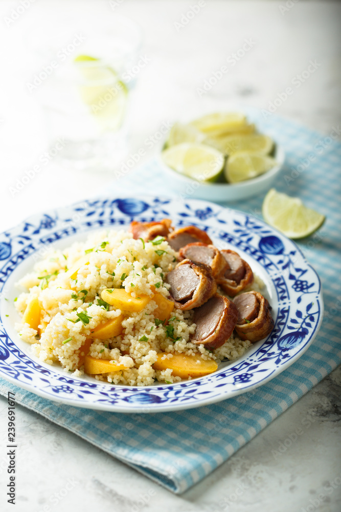 Couscous salad with orange and bacon
