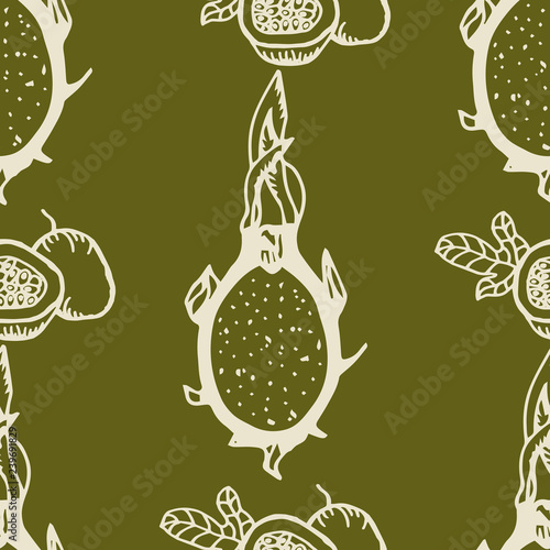 passion fruit, pitahaya tropical fruit seamless pattern