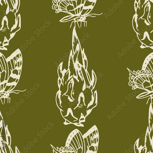 pitaya, pitahaya tropical fruit, butterfly seamless pattern