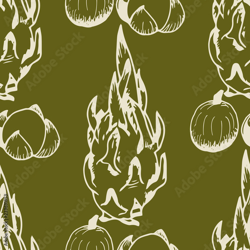 longan, pitahaya tropical fruits seamless pattern