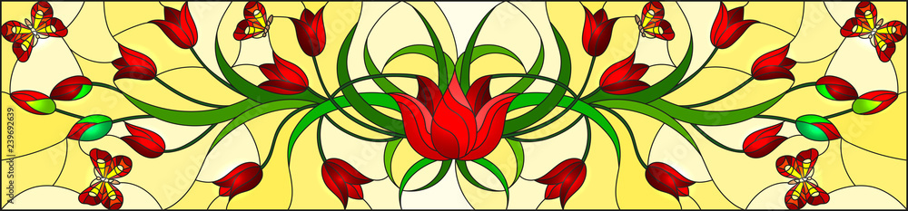 Illustration in stained glass style with red tulips and butterflies on yellow background, horizontal orientation
