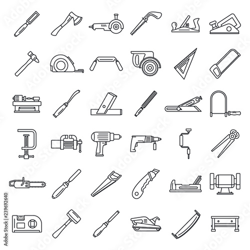 Carpenter working icon set. Outline set of carpenter working vector icons for web design isolated on white background