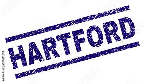 HARTFORD seal print with distress style. Blue vector rubber print of HARTFORD title with corroded texture. Text title is placed between parallel lines.