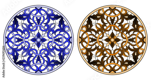 Set of illustrations in stained glass style with round floral arrangements, blue and brown tone