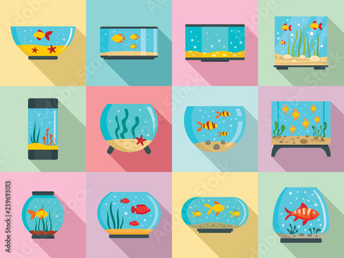 Aquarium icon set. Flat set of aquarium vector icons for web design