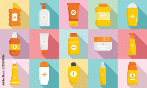 Cosmetic sun protection icon set. Flat set of cosmetic sun protection vector icons for web design