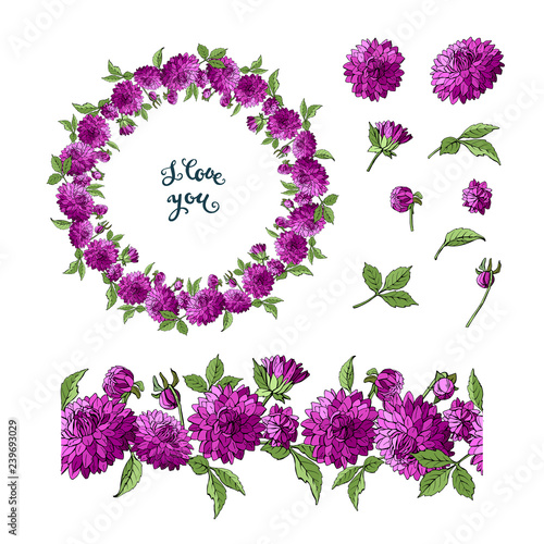 Fototapeta Naklejka Na Ścianę i Meble -  Set of purple dahlia floral elements isolated on white background, wreath and seamless brush of flowers, vector