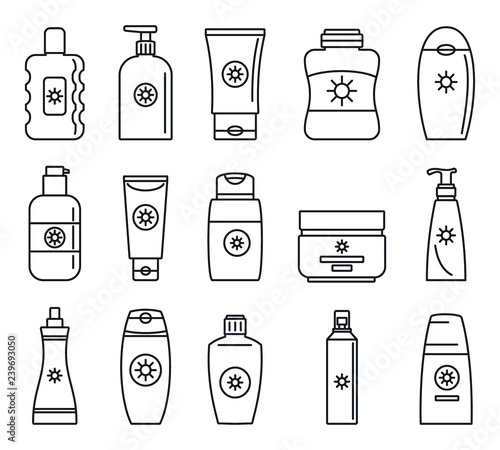Sunscreen bottle icon set. Outline set of sunscreen bottle vector icons for web design isolated on white background