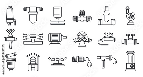 Agricultural irrigation system icon set. Outline set of agricultural irrigation system vector icons for web design isolated on white background