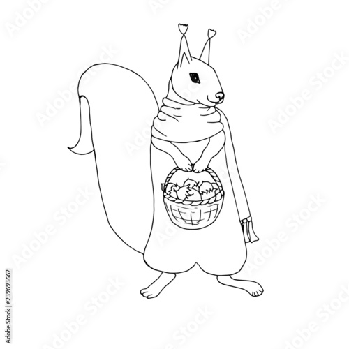 ute squirrel with basket walnuts, in scarf. Monochrome hand drawn cartoons sketch for kids and adult coloring book, Children coloring page stock vector illustration design element for web, for print