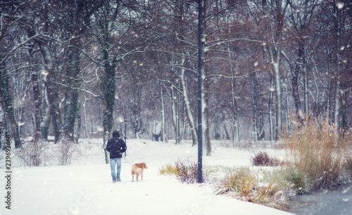 Young man walking in the winter park in snowfall
