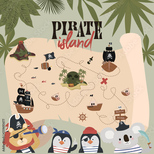 Treasure map. Pirate Birthday Invitation card in cartoon style. Editable vector illustration