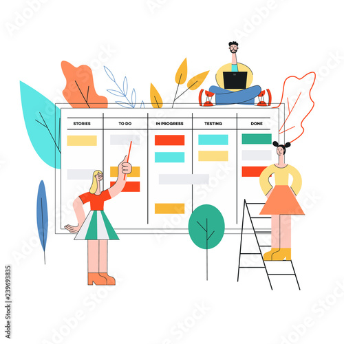 Vector illustration of scrum planning technique of teamwork on software development with flat little male and female characters working with laptop and marking tasks on large agile board.