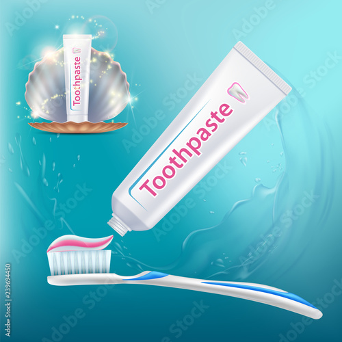 Toothbrush with toothpaste. Tube packaging with label design.