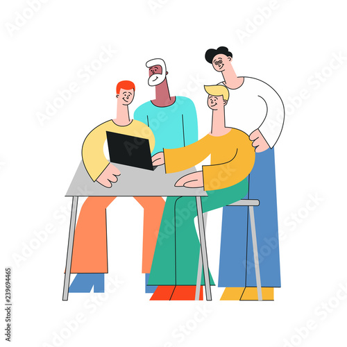 Coworking communication vector illustration with team of people working together with laptop and discussing process in flat style isolated on white background - teamwork and brainstorming concept. © sabelskaya