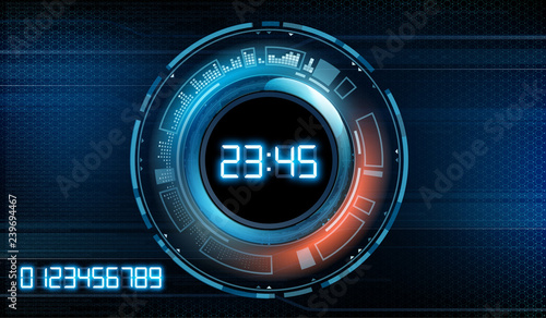 Futuristic modern clock face with a set of glowing digits. Technology stopwatch.
