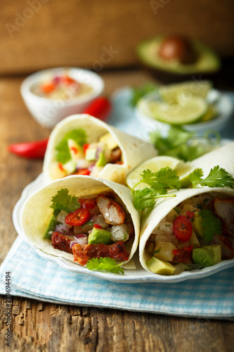 Homemade chicken taco with avocado