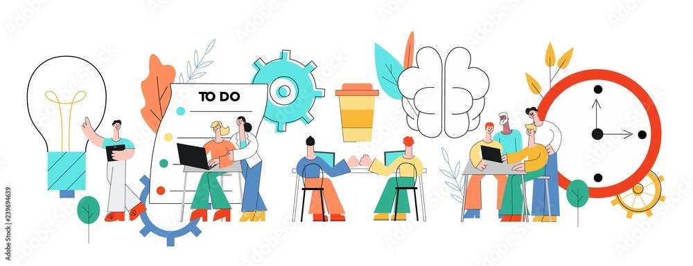 Coworking communication vector illustration with team of people working in common business space and discussing projects in trend flat style isolated on white background.