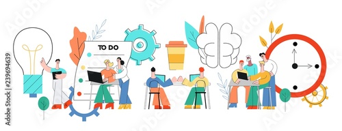 Coworking communication vector illustration with team of people working in common business space and discussing projects in trend flat style isolated on white background.