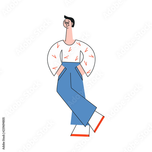 Vector illustration of young man in eyeglasses standing with hands in pockets of pants and looking away in trendy flat style - happy smiling male character watching aside isolated on white background.