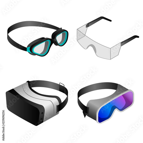 Goggles icon set. Isometric set of goggles vector icons for web design isolated on white background