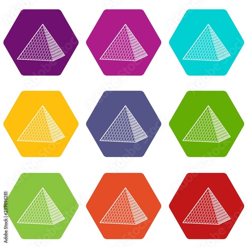 Louvre pyramid icons 9 set coloful isolated on white for web