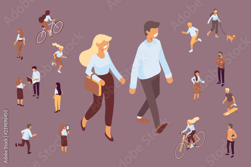 Different isomeric people vector set isolated on dark background. Male and female characters. Flat isometric vector.