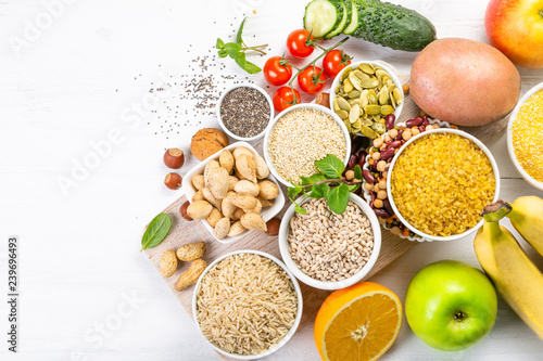 Selection of good carbohydrates sources - vegetables  fruits  grains  legumes  nuts and seeds. Healthy vegan diet