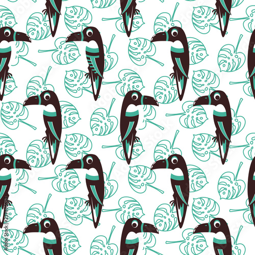 Cute toucan and exotic leaves plant seamless pattern. Tropical parrot bird two-color for fabric print.