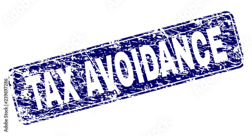 TAX AVOIDANCE stamp seal print with grunge texture. Seal shape is a rounded rectangle with frame. Blue vector rubber print of TAX AVOIDANCE label with grunge texture.