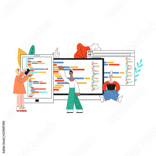Vector illustration of flexible application development concept in flat style. Isolated characters of it specialists working on software in front of large computer screens with programming code.