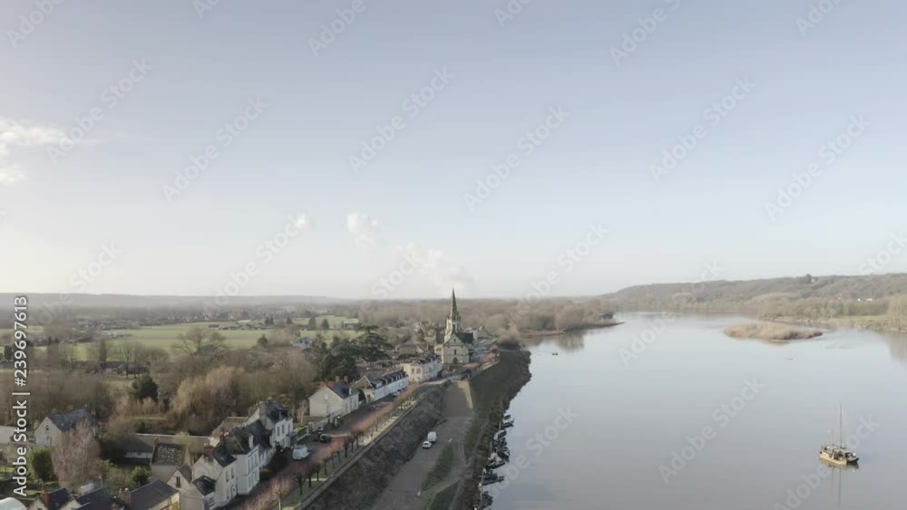 Aerial of the village of Brehemont and the river Loire, France. Aerial of the village of Brehemont and the river Loire, France.