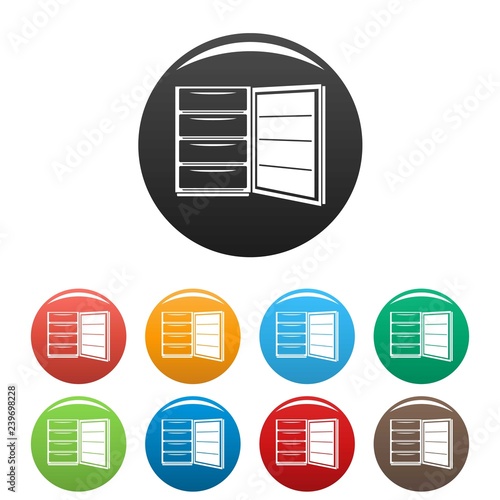 Open refrigerator icons set 9 color vector isolated on white for any design