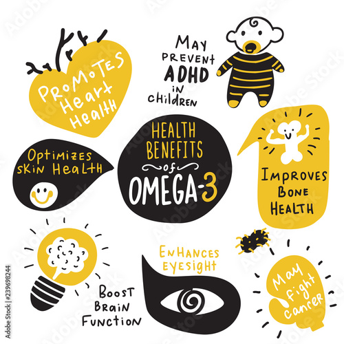 Omega 3 healthy benefits. Funny hand drawn infographic poster. Made in vector.