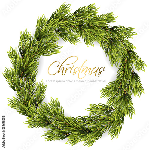 Christmas wreath frame Vector. Green fir branches. Winter holidays card reali...