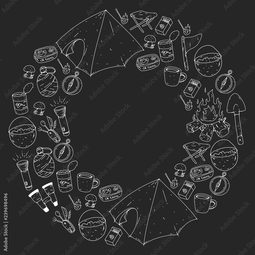 Camping, hiking, scouts. Vector set of doodle icons. Adventure at forest and nature with compass, tent, tincans. Blackboard chalk illustration. Camping, hiking, scouts. Vector set of doodle icons. Adventure at forest and nature with compass, tent, tincans. Blackboard chalk illustration.