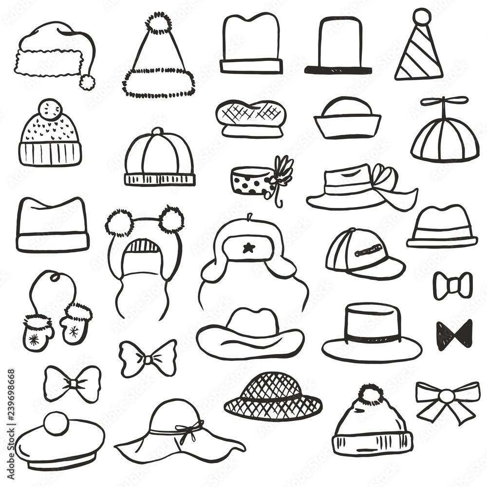 Vector set of illustrations of different black and white hats (children's, winter, summer, christmas, festive), bows, mittens and another sketch hand drawn accessories drawn with pen and brush Vector set of illustrations of different black and white hats (children's, winter, summer, christmas, festive), bows, mittens and another sketch hand drawn accessories drawn with pen and brush