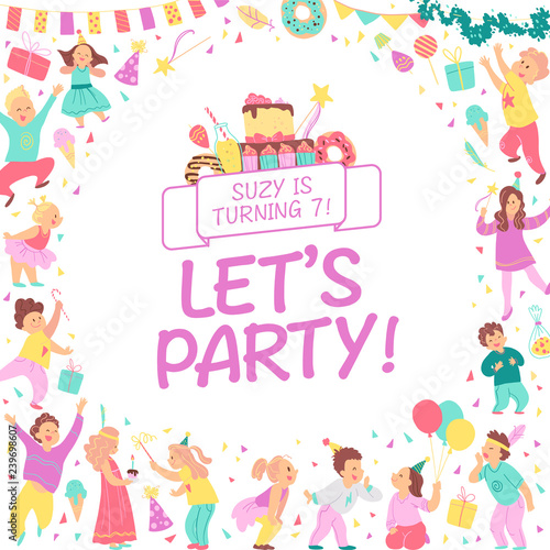 Vector birthday party invitation design template with bd cake, garlands, candy, gifts, confetti, text congratulation & happy kid characters. Flat cartoon style. Party poster, card, banner illustration