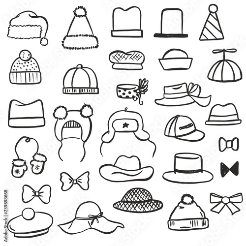 Vector set of illustrations of different black and white hats (children's, winter, summer, christmas, festive), bows, mittens and another sketch hand drawn accessories drawn with pen and brush