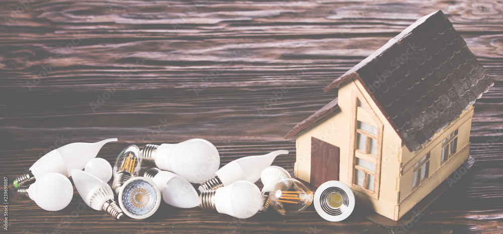 Led lamps lie near the house layout on a wooden background