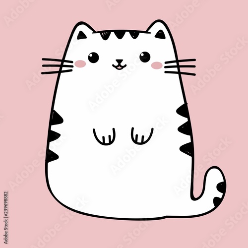 kawaii cute fat white cat isolated on a pink background. Vector anime style illustration