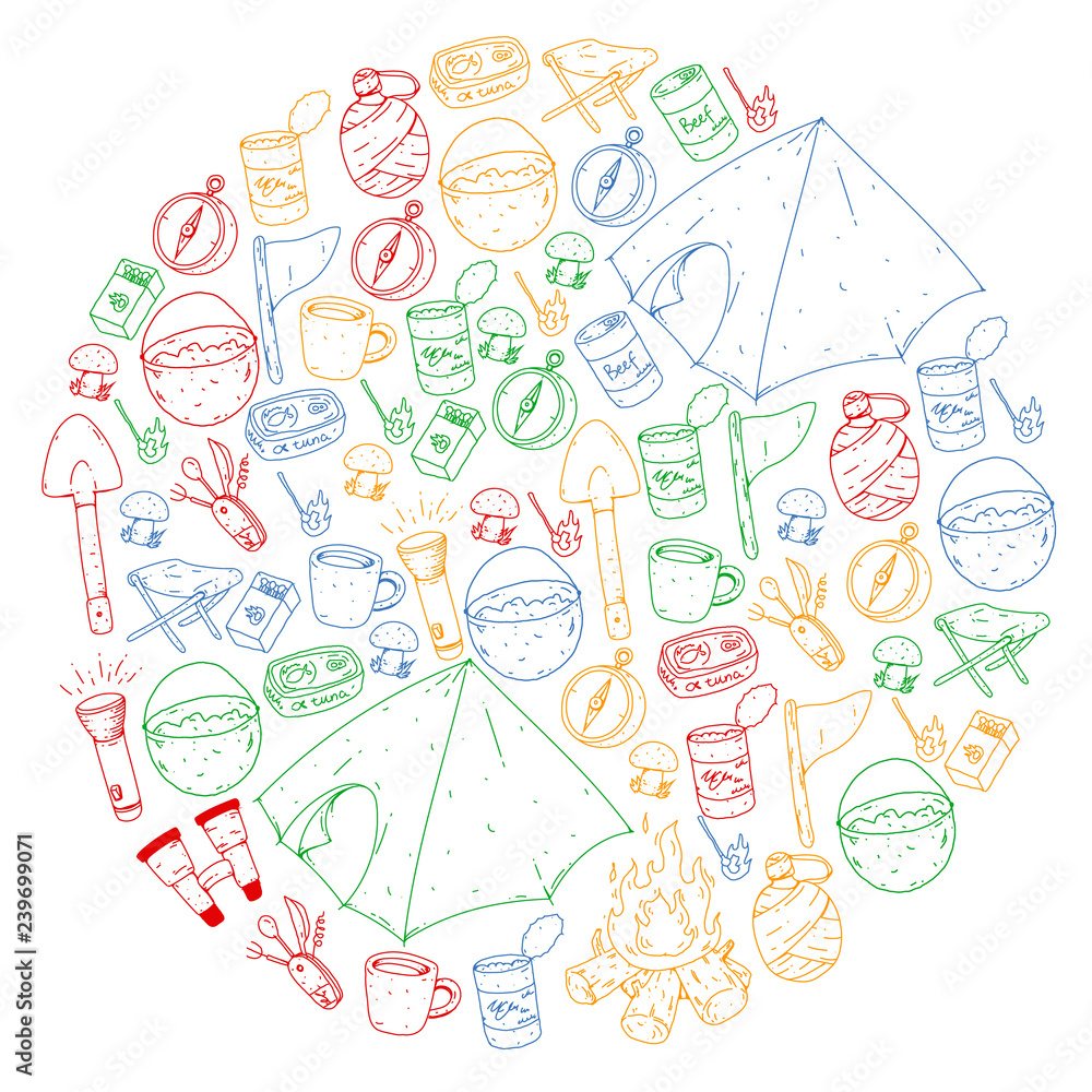 Camping, hiking, scouts. Vector set of doodle icons. Adventure at forest and nature with compass, tent, tincans. Pattern with colorful elements.