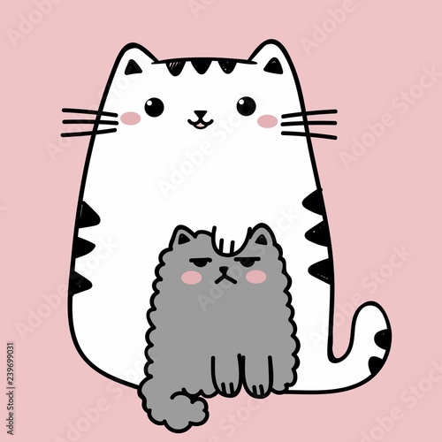 kawaii cute fat white cat isolated on a pink background. Vector anime style illustration