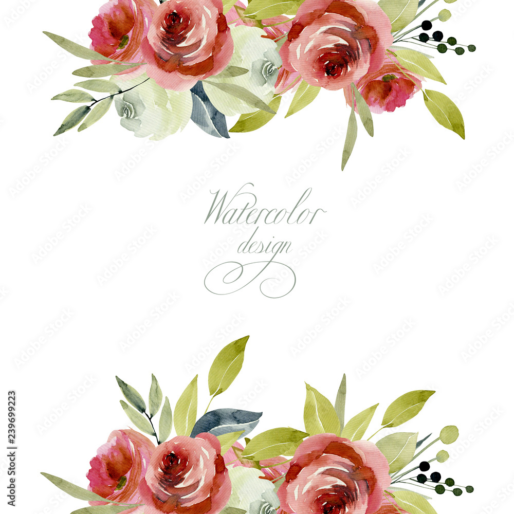 Card tempate with watercolor burgundy and white roses, hand painted on a white background, holiday card design, decoration postcard, wedding invitation