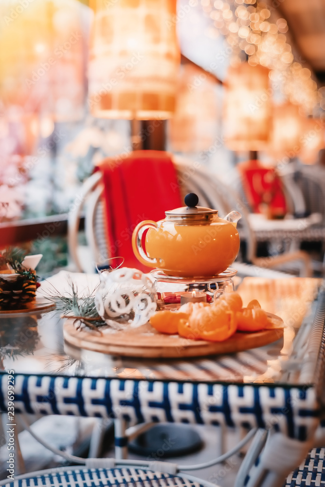 Christmas inspiration holidays tea set with tangerines 