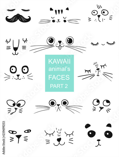 Set of kawaii animal's faces for t shirt, notebooks, card, fabric, fashion design. Trendy vector illustration drawing with a tablet. Handdrawn, freehand, imitation of children's drawings. Doodle art