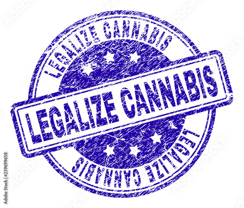 LEGALIZE CANNABIS stamp seal watermark with grunge texture. Designed with rounded rectangles and circles. Blue vector rubber print of LEGALIZE CANNABIS text with retro texture.