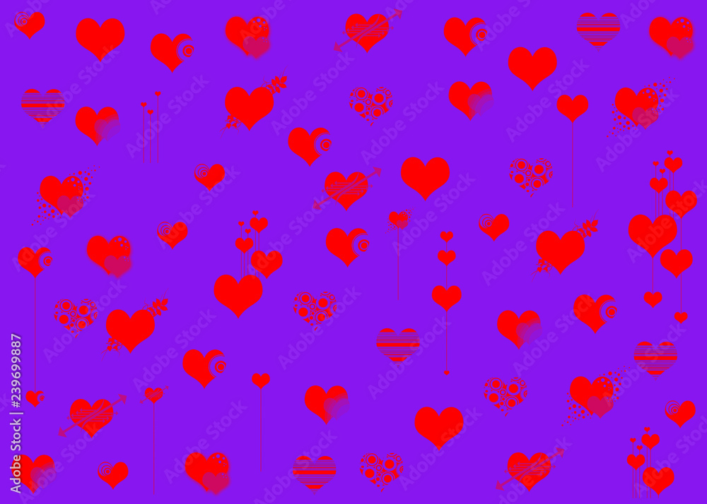 Valentines. Hearts. Red. Background. Violet. Various