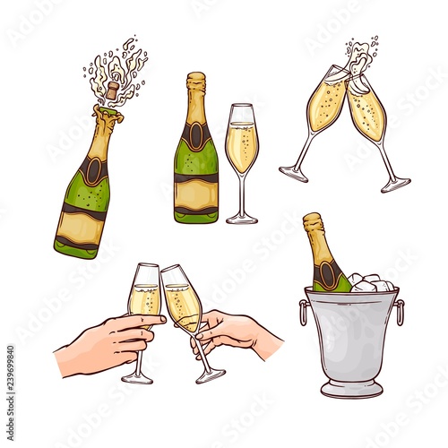 Vector champagne bottle splashing with popping cork, hands toasting glasses, bottle in ice bucket set. New year, christmas holiday celebration objects collection , cartoon illustration